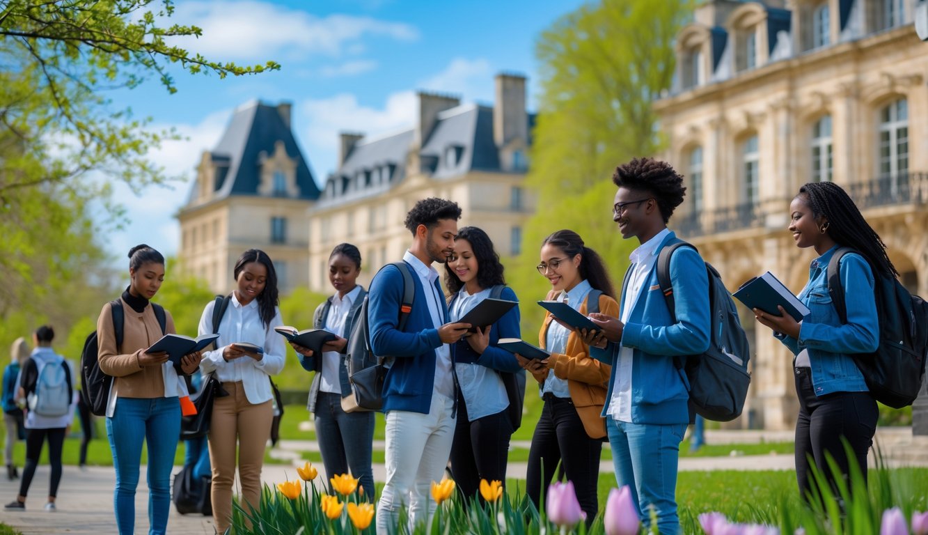 A diverse group of international students studying and using laptops outdoors on a French university campus with historic buildings and trees in the background.