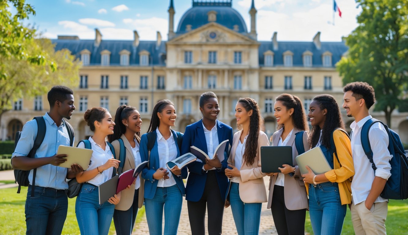 A group of diverse international students standing and talking outside a historic French university building on a sunny day.
