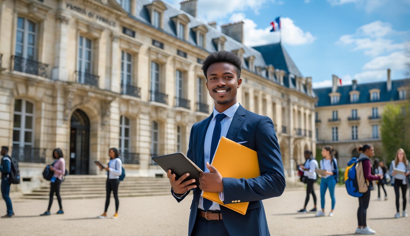 An international student standing outside a historic government building in France, holding books and a laptop, with other students in the background.