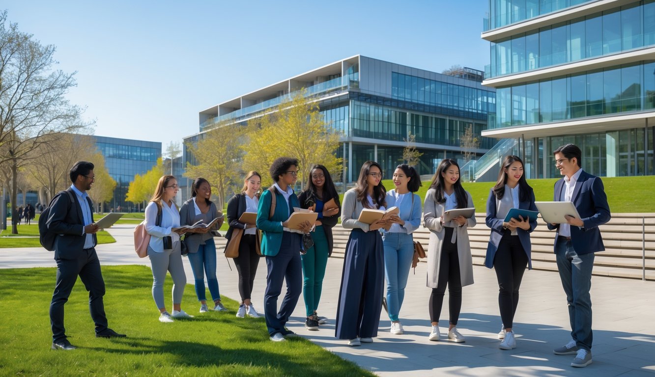 A group of diverse university students studying and talking together outdoors on a university campus with modern buildings and green spaces.