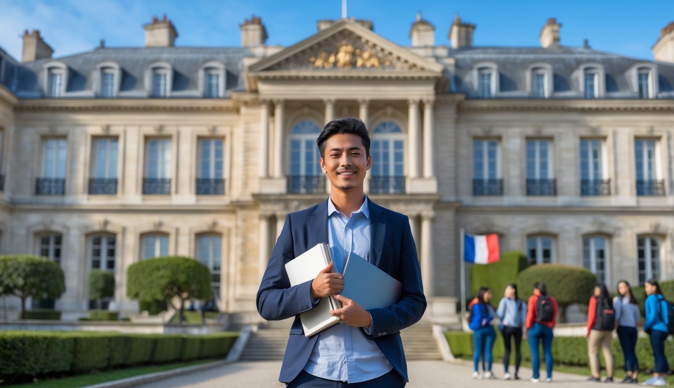 An international student holding books and a laptop standing outside a historic French embassy building with French flags visible.