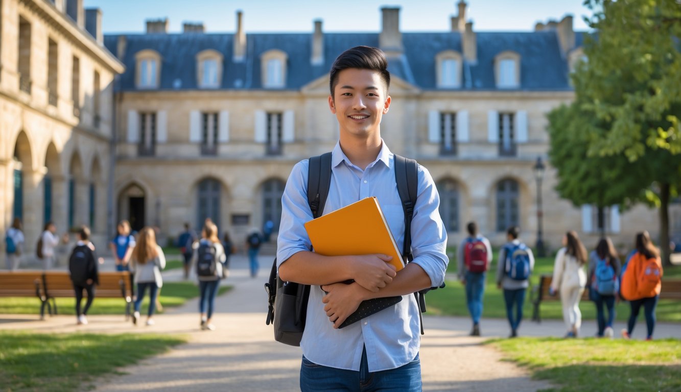 An international student holding books and a laptop on a university campus in France with historic buildings and greenery in the background.
