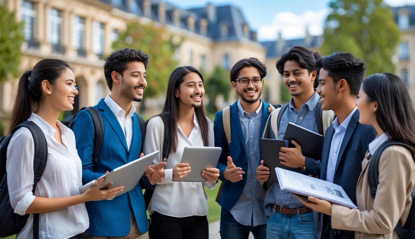 A diverse group of international students standing and talking together on a university campus in France.