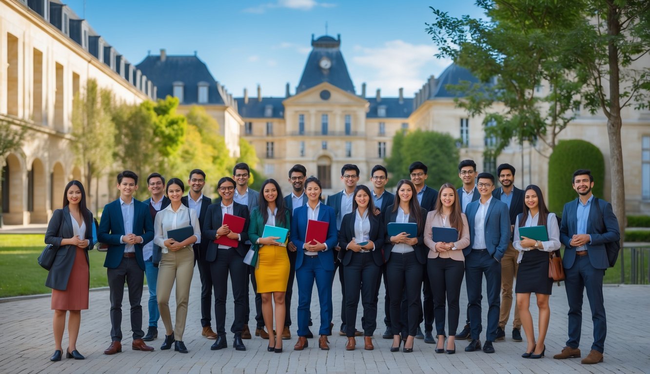 A diverse group of international students standing outside a university campus in France, smiling and holding books and laptops.