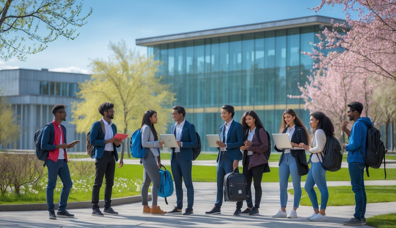 A diverse group of international students studying and talking together outdoors on a university campus with modern buildings and greenery.