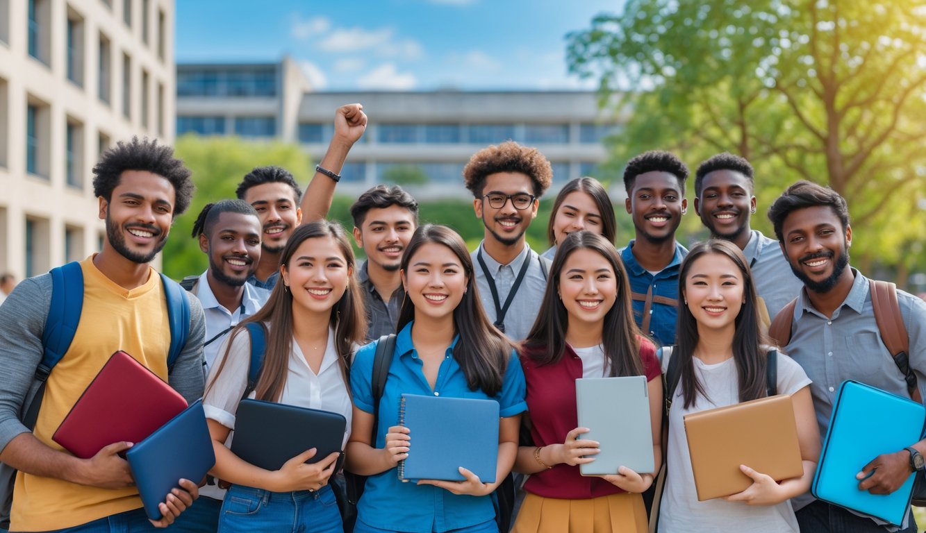 A group of diverse international students smiling and holding books on a university campus with modern buildings and trees in the background.