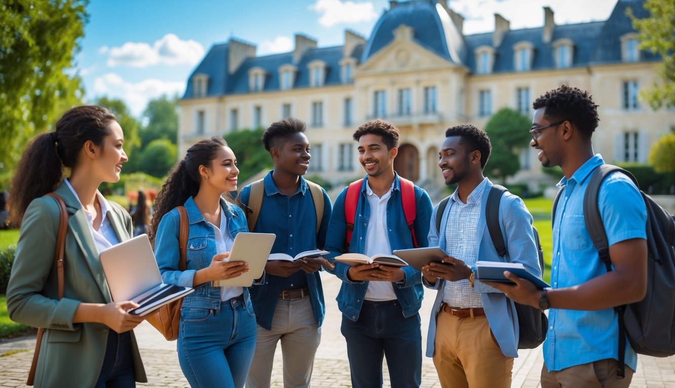 A group of diverse international students talking outside a modern university campus with French architecture and greenery on a sunny day.