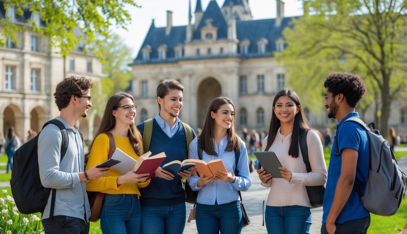 A group of diverse international students studying and talking outdoors on a sunny day at a university campus with historic buildings and greenery.