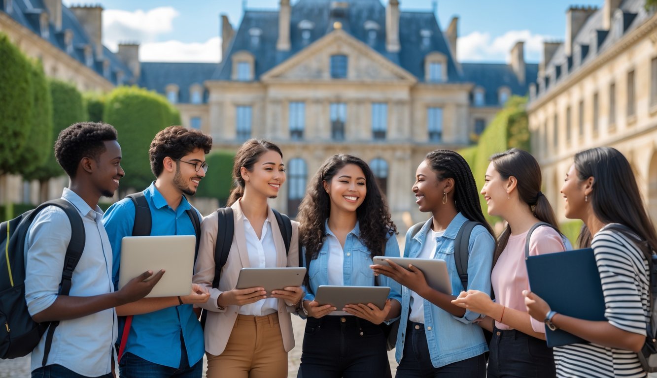 A group of diverse international students standing outside a historic university building in France, smiling and holding books and laptops.