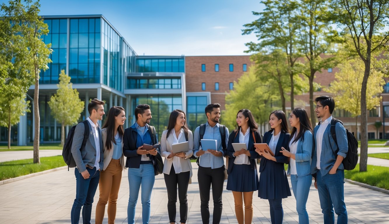 A diverse group of students standing together outside a modern university building, holding books and laptops, smiling and talking.
