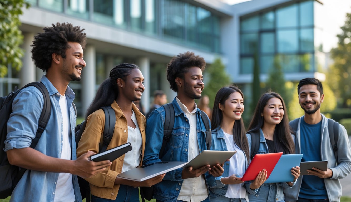 A group of diverse international students smiling and talking outside a modern university campus.
