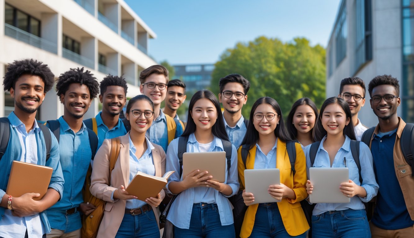 A group of diverse international students studying together outdoors on a university campus with modern buildings and greenery in the background.