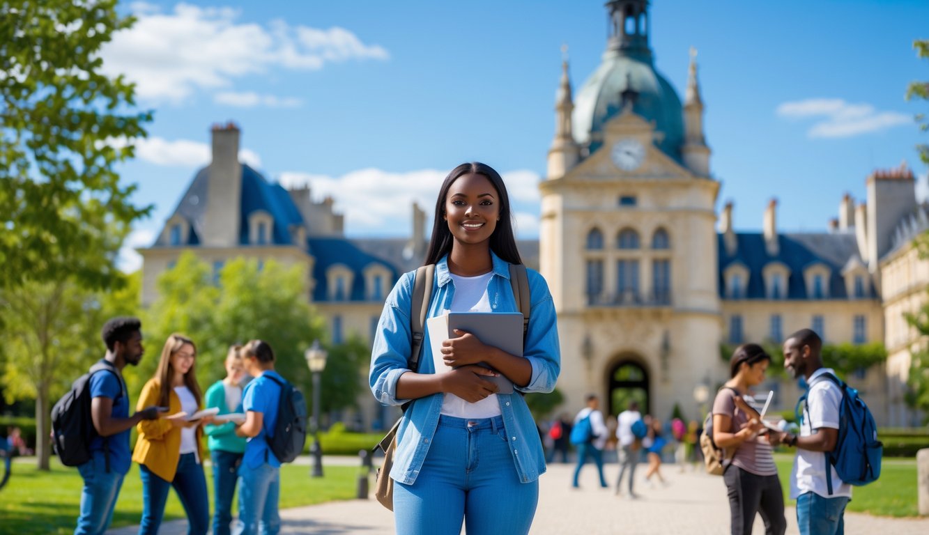 An international student holding books and a laptop on a university campus in France with other students and French architecture in the background.