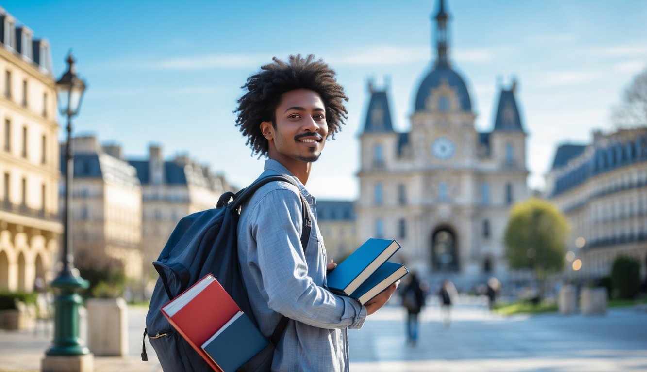 An international student standing on a university campus in France with books and a backpack, with French architecture visible in the background.