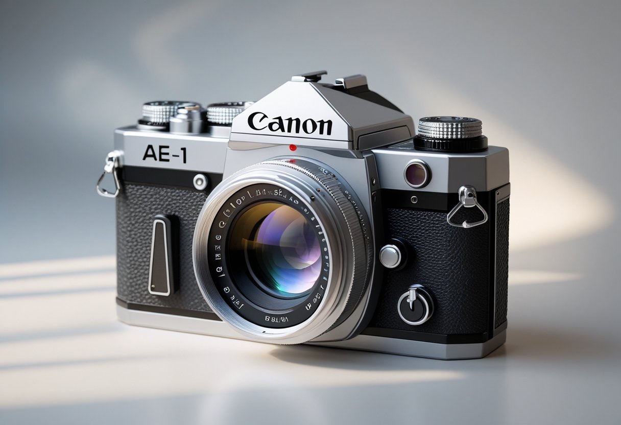 A detailed illustration of a vintage Canon AE-1 35mm SLR camera showing its body, lens, and controls on a neutral background.