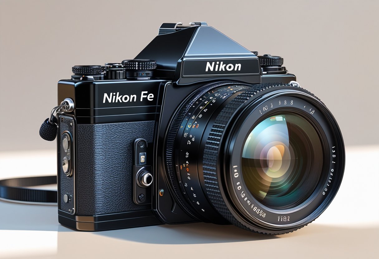 A black Nikon FE 35mm SLR film camera shown from an angle on a neutral background.