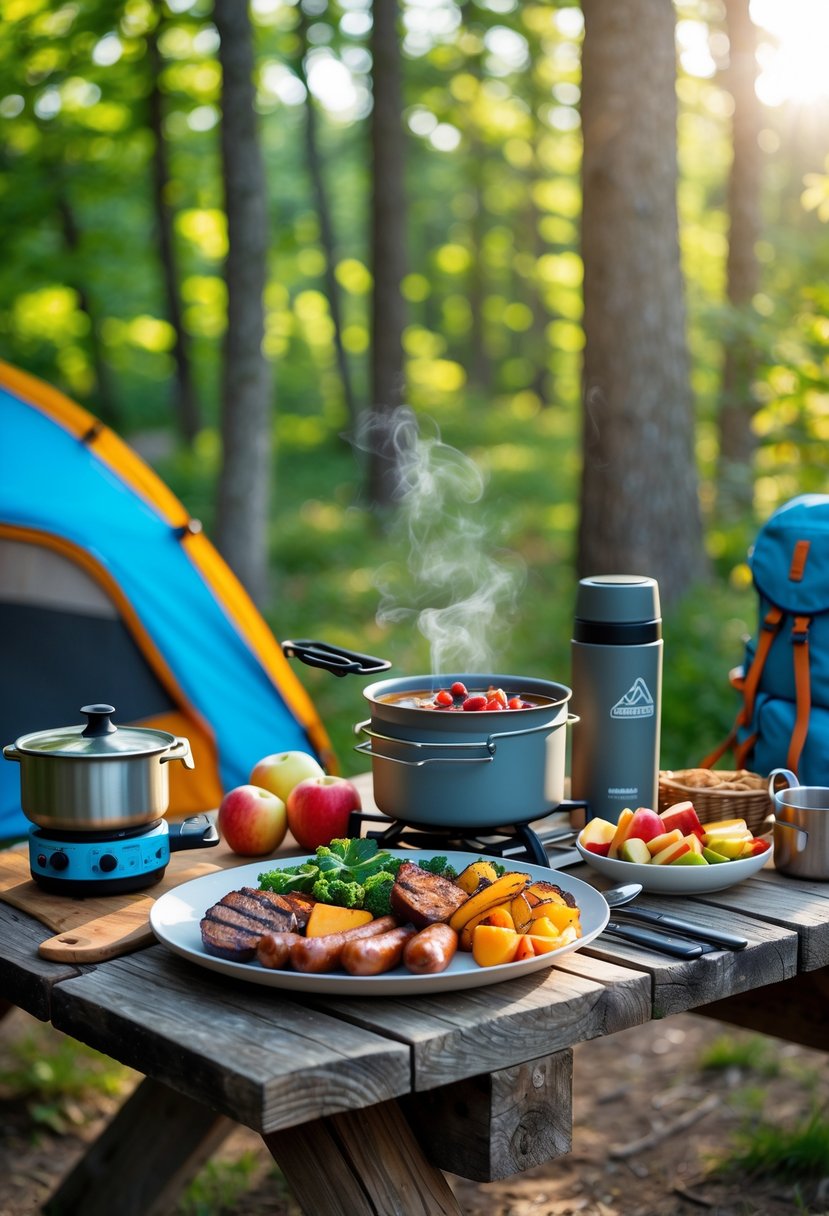 A picnic table outdoors with camping meals including grilled vegetables, sausages, fruit, and a pot cooking stew, surrounded by trees and camping gear.