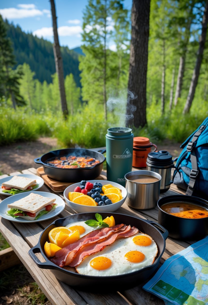 A picnic table outdoors with various camping meals including eggs, bacon, fruit, sandwiches, coffee, and camping gear surrounded by trees.