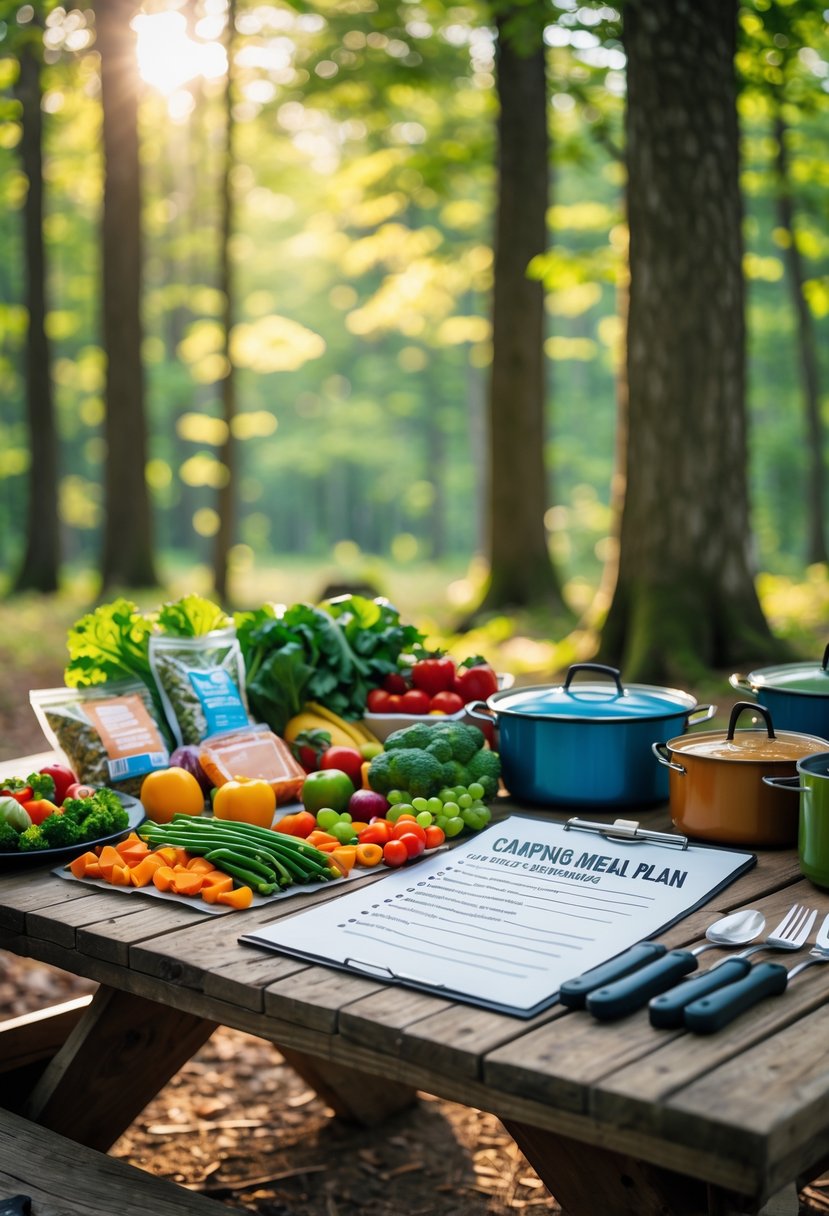 A picnic table outdoors with fresh food, camping cookware, and a meal plan set up for camping.
