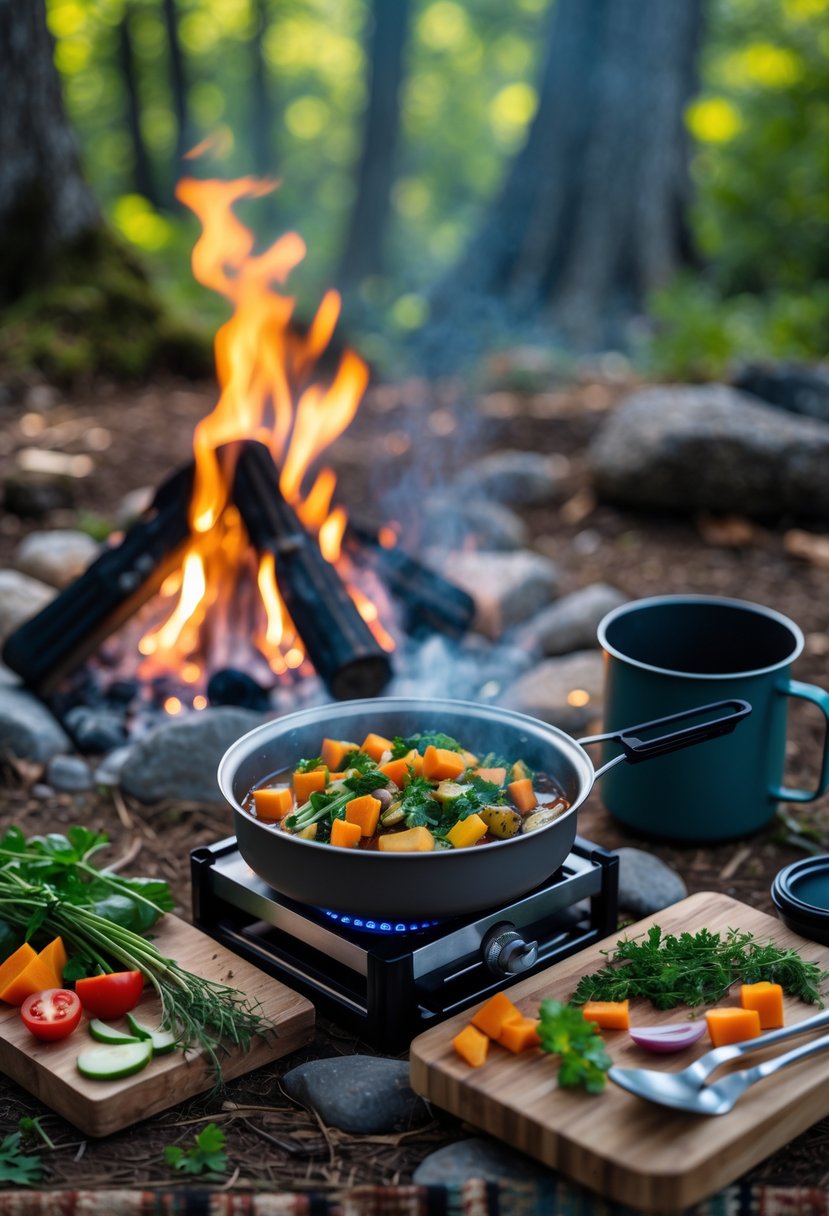 A campfire and portable stove cooking simple meals outdoors in a forest setting with camping gear nearby.