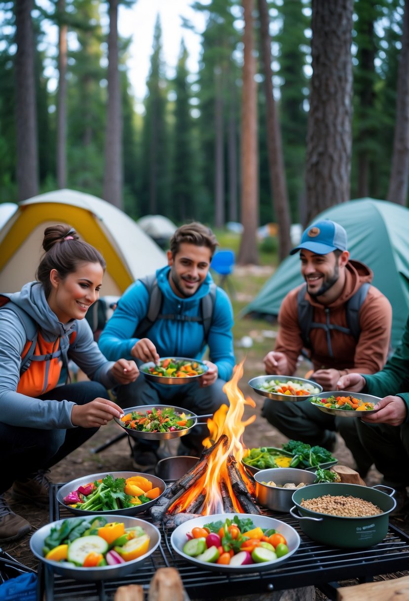 Campers preparing and enjoying healthy meals around a campfire in a forest with tents and trees in the background.