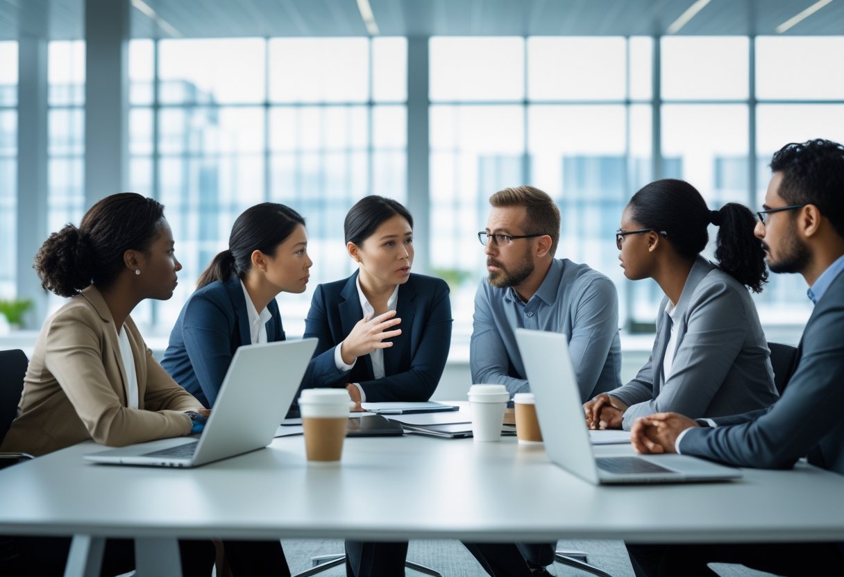 Un groupe de collègues en réunion dans un bureau moderne, discutant sérieusement de risques psychosociaux au travail.