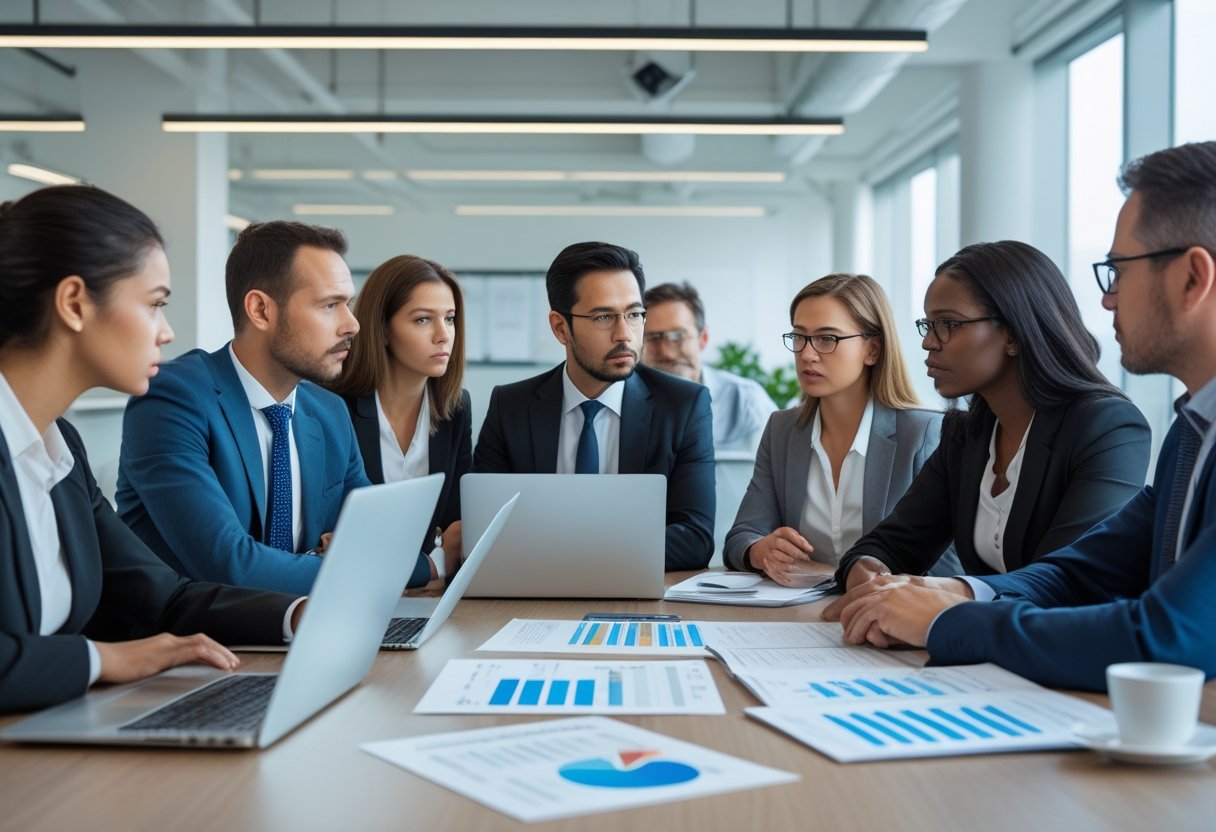 Un groupe de professionnels en réunion dans un bureau moderne, discutant sérieusement autour d'une table avec des ordinateurs portables et des documents.