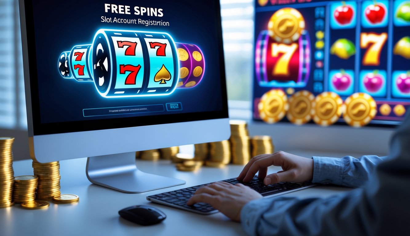 Seseorang mengetik di depan komputer dengan ikon mesin slot dan koin di sekitar meja.