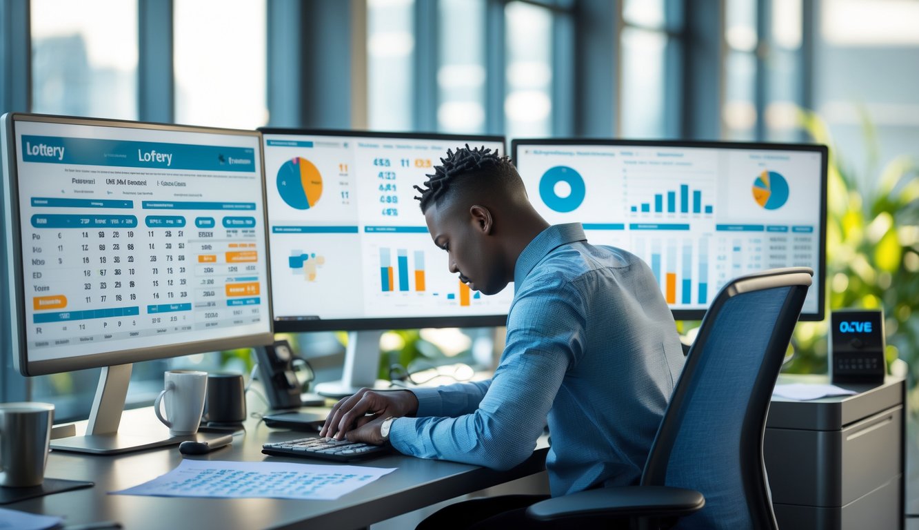 Seorang individu sedang menganalisis data lotere di kantor dengan komputer dan dokumen di meja.