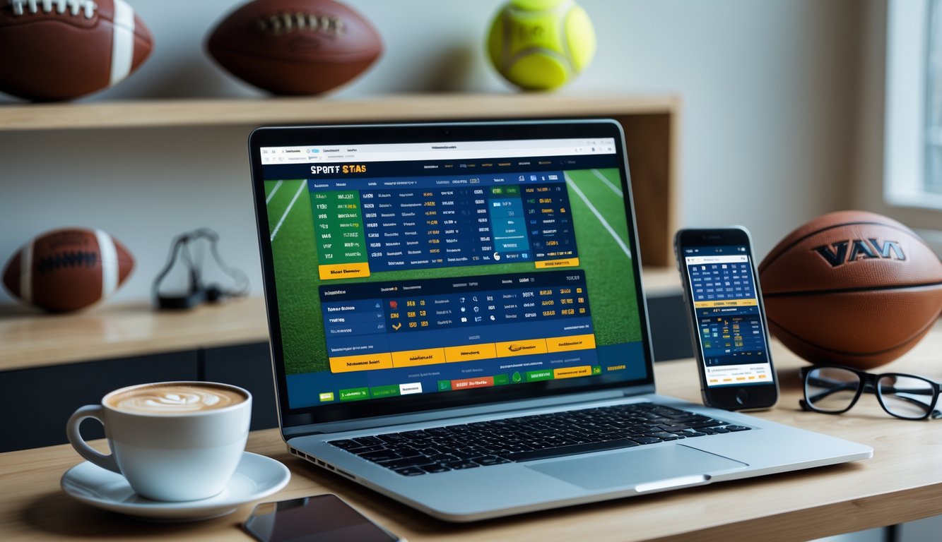 Seseorang sedang menggunakan laptop dan ponsel untuk taruhan olahraga online di meja kerja dengan perlengkapan olahraga di latar belakang.