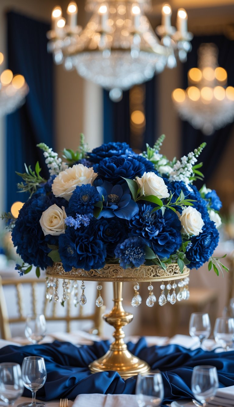 A navy blue floral centerpiece on a gold stand with chandelier accents.