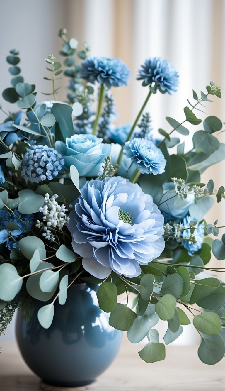 A floral centerpiece with dusty blue flowers and eucalyptus sprigs arranged in a vase.