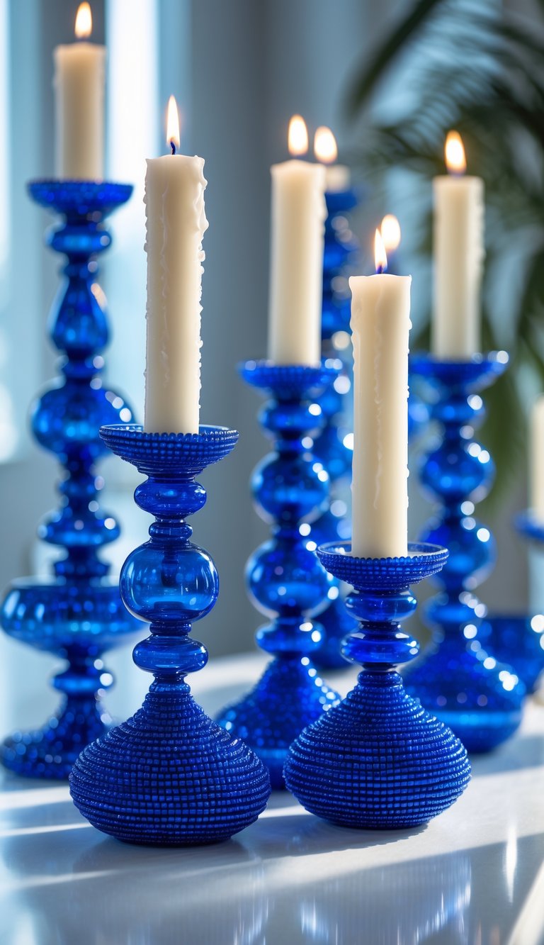 Blue glass bead candle holders arranged as a centerpiece with white candles on a white surface.