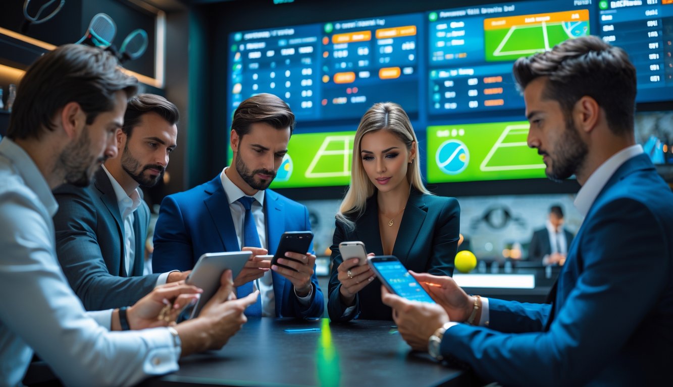 Orang-orang sedang melihat data taruhan tenis profesional di layar digital di sebuah ruang taruhan modern.