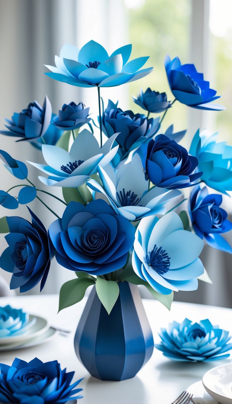 A centerpiece arrangement of paper flowers in different shades of blue placed on a table.