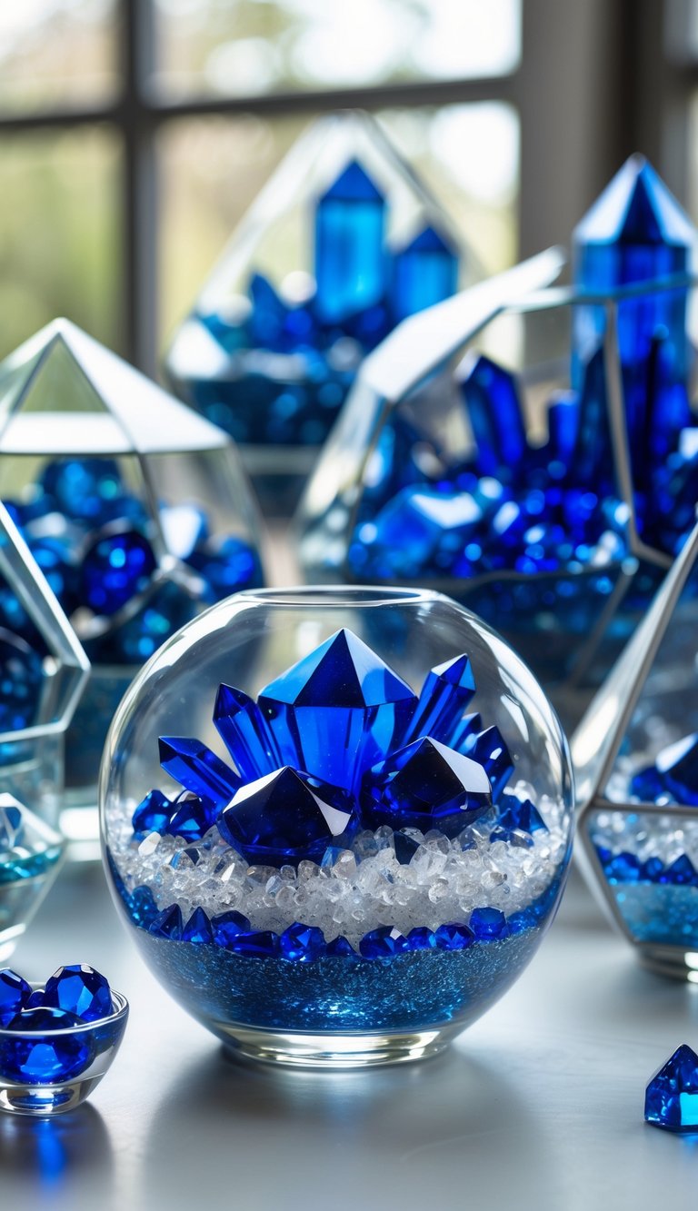Several glass terrariums filled with royal blue crystals and glass gems arranged as decorative centerpieces.
