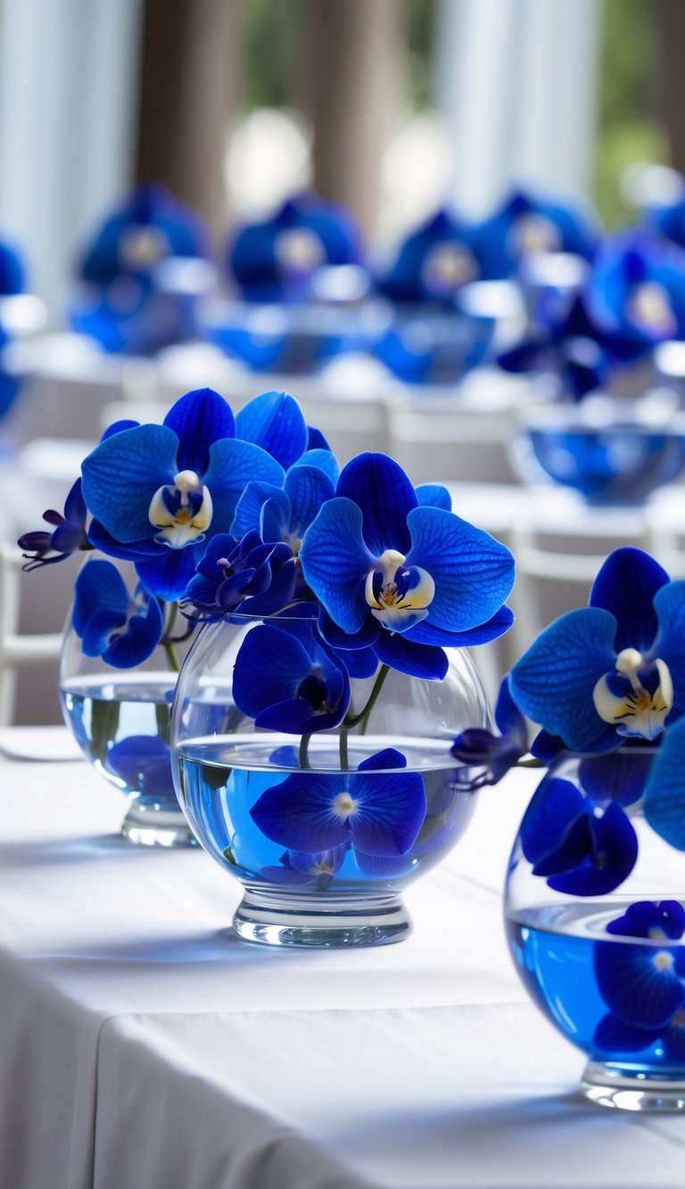 A table with several glass bowls filled with water and floating blue orchids as centerpieces.
