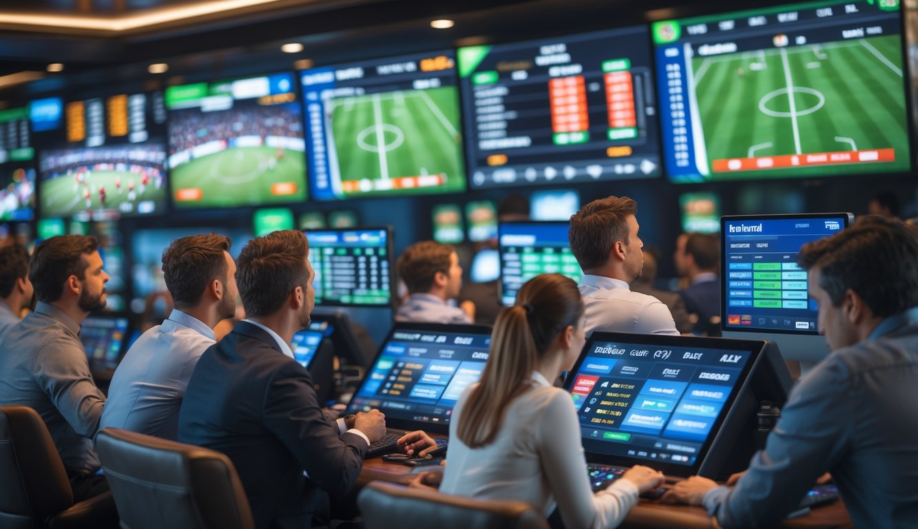 Beberapa orang sedang menonton pertandingan olahraga langsung dan memasang taruhan di sebuah ruang taruhan olahraga yang modern.