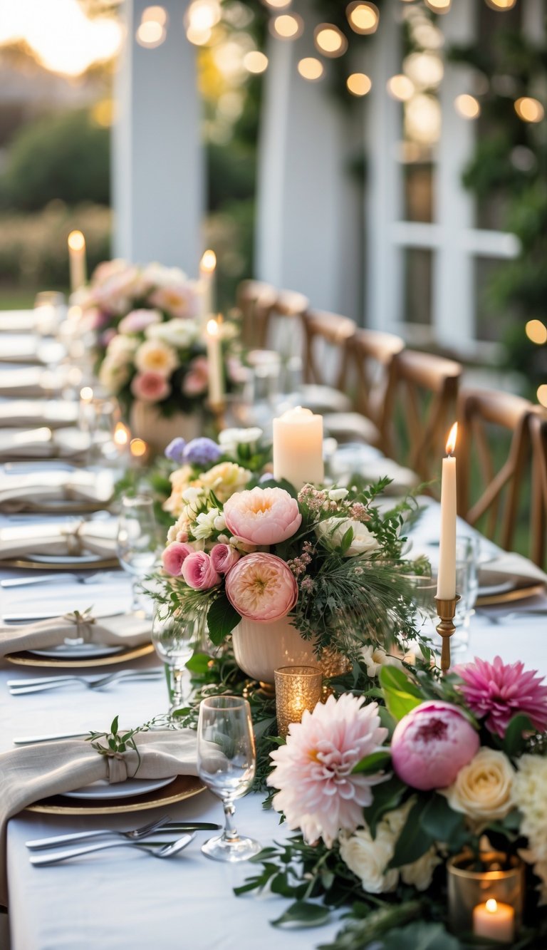 A dining table decorated with floral centerpieces featuring seasonal flowers, candles, and tableware for a rehearsal dinner.