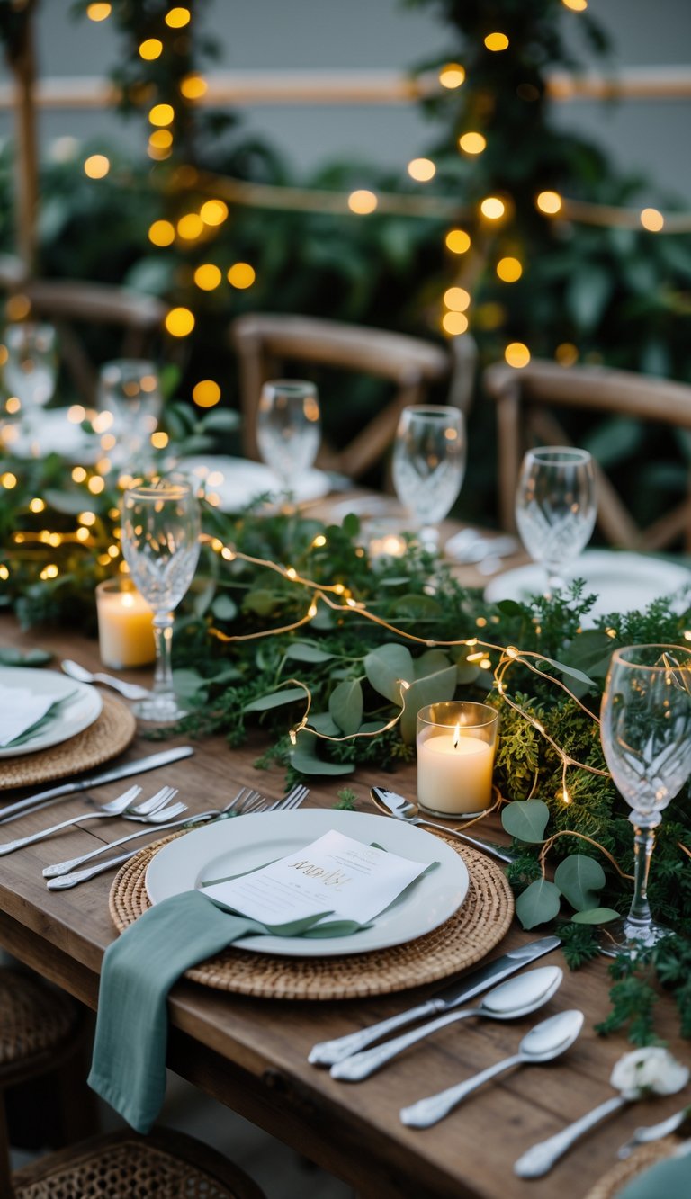 A rehearsal dinner table decorated with greenery and string fairy lights, set with plates, cutlery, and glasses.