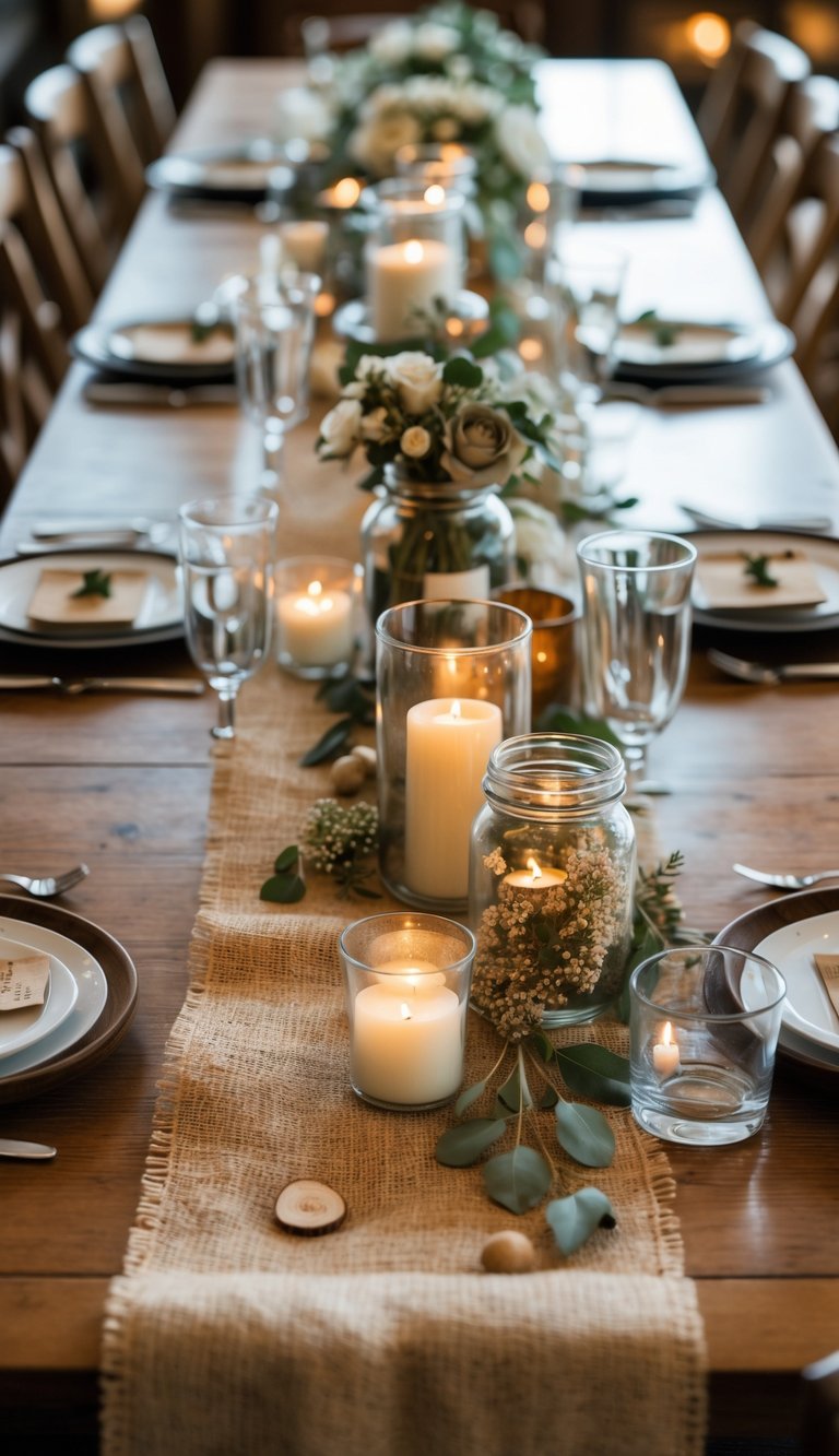 A rehearsal dinner table decorated with burlap runners, flowers, candles, and white dinnerware.
