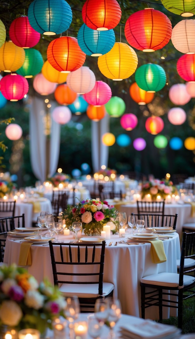 Tables decorated with colorful paper lanterns hanging above them in a festive setting.