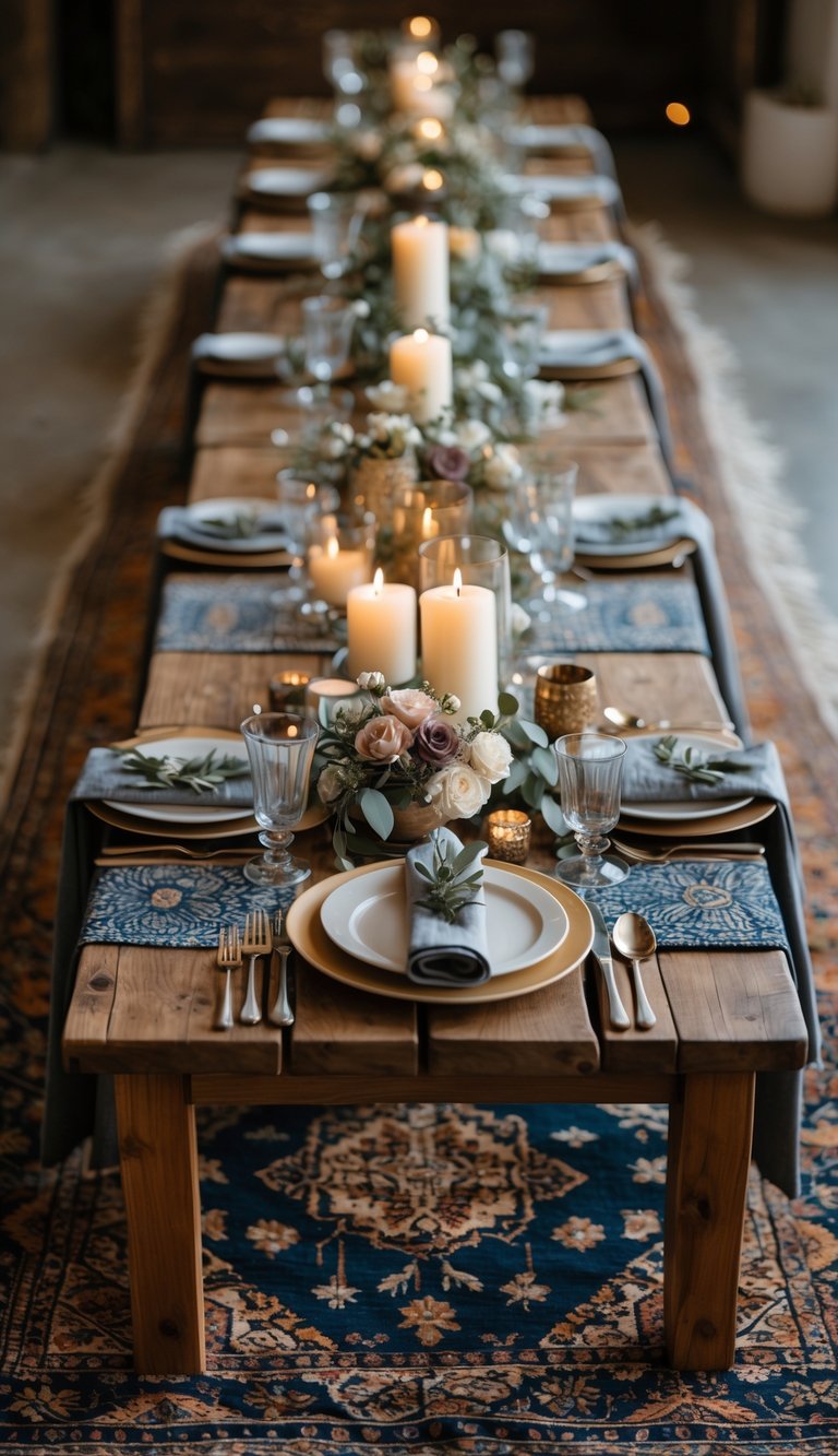 Low wooden tables decorated with patterned rugs, candles, and floral arrangements set up for a dinner event.
