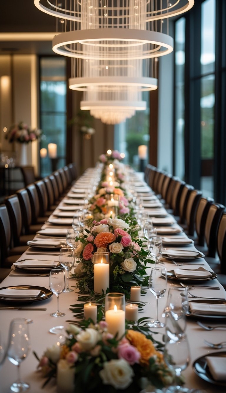 A long dining table set for a rehearsal dinner with elegant decorations and modern chandeliers overhead.