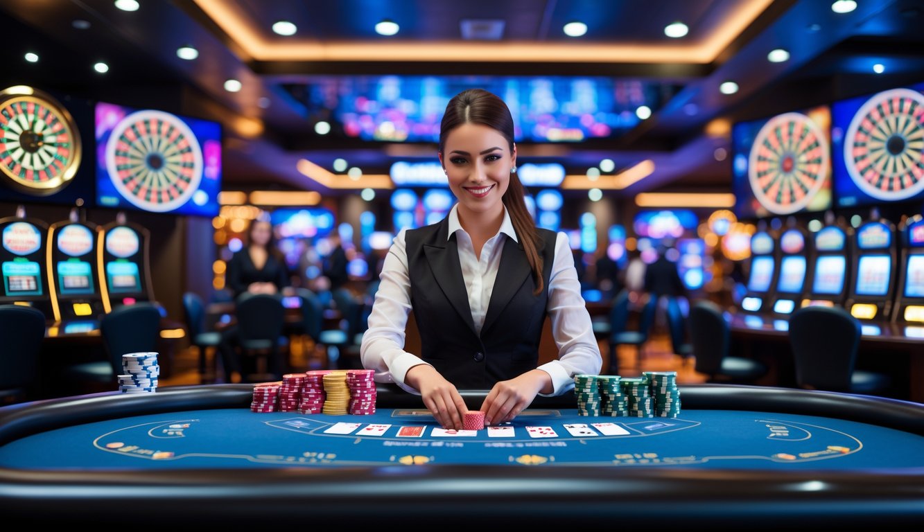 Seorang dealer wanita tersenyum di meja kasino dengan layar menampilkan permainan kasino online di latar belakang.