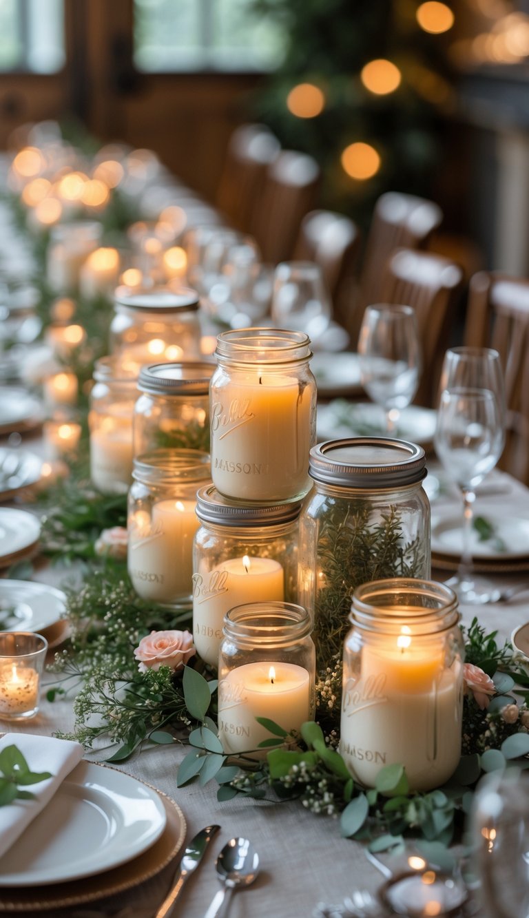 A rehearsal dinner table decorated with mason jar candle holders, candles, greenery, and floral accents, set with plates, silverware, and glassware.