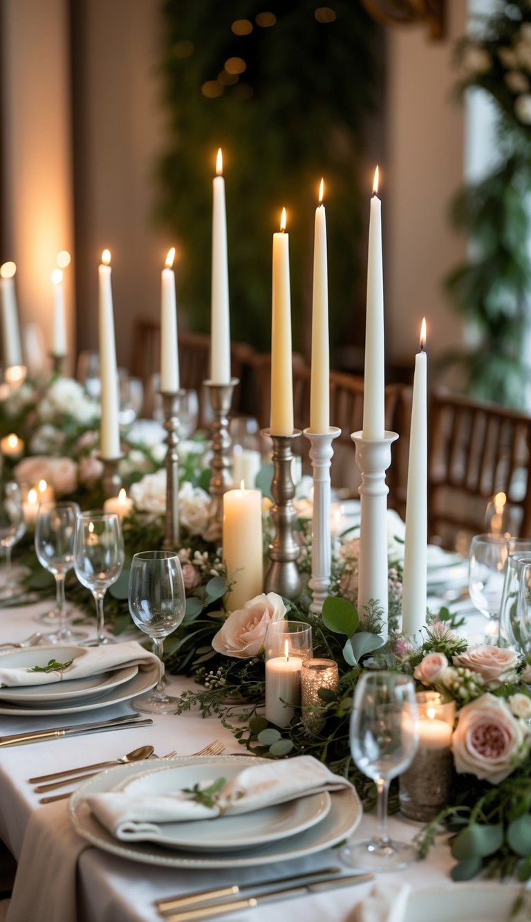 A rehearsal dinner table decorated with mixed-height candles, greenery, and flowers, set for a formal meal.