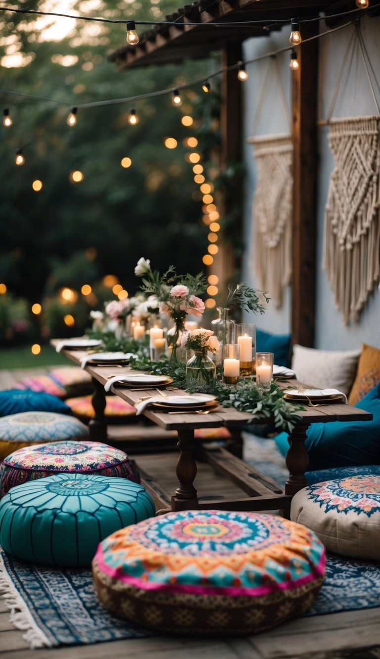 A rehearsal dinner table surrounded by colorful cushions and poufs with floral decorations and candles.