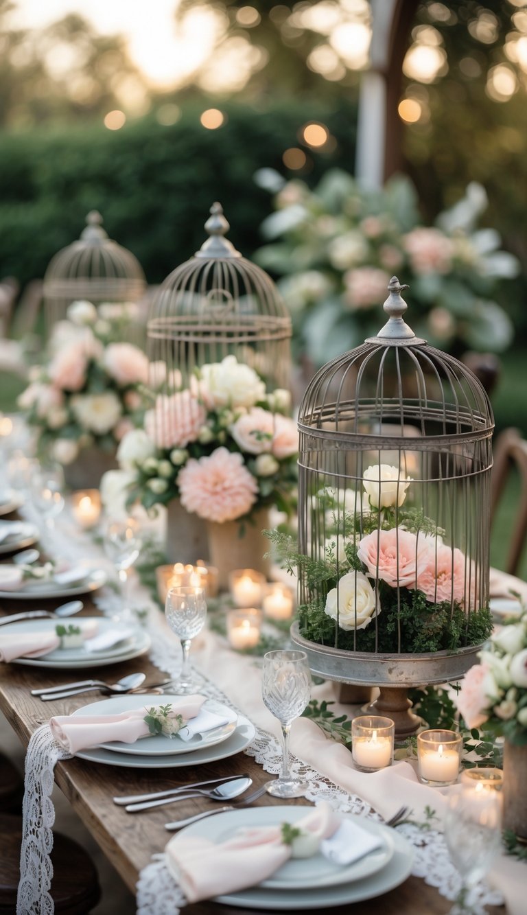 A rehearsal dinner table outdoors with vintage birdcage centerpieces filled with flowers, surrounded by candles and elegant table settings.