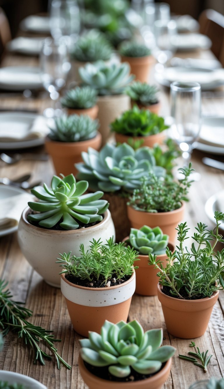 A rehearsal dinner table decorated with small potted succulents and herbs as favors, arranged among plates and glassware on a wooden table.